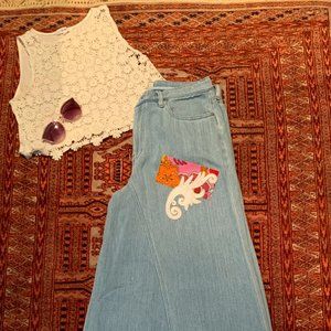 Free People Wide Leg Hippie Patch Work Jeans